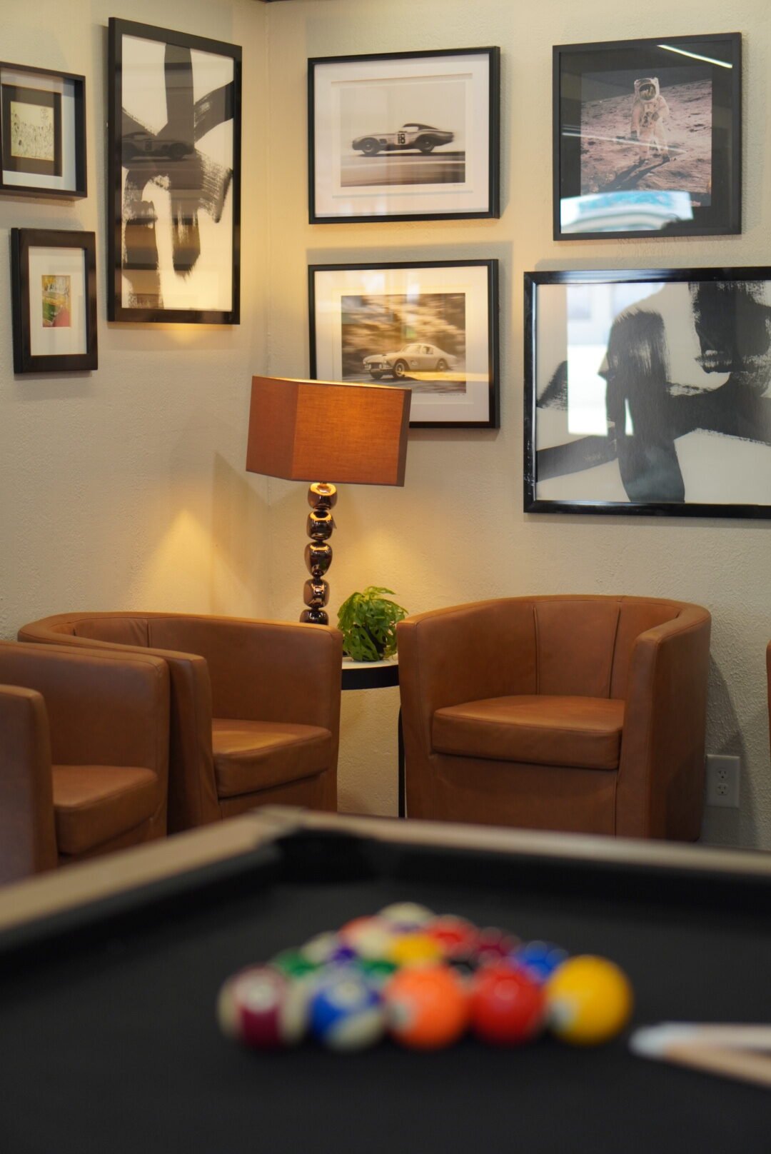 The lounge and pool table at The Refinery